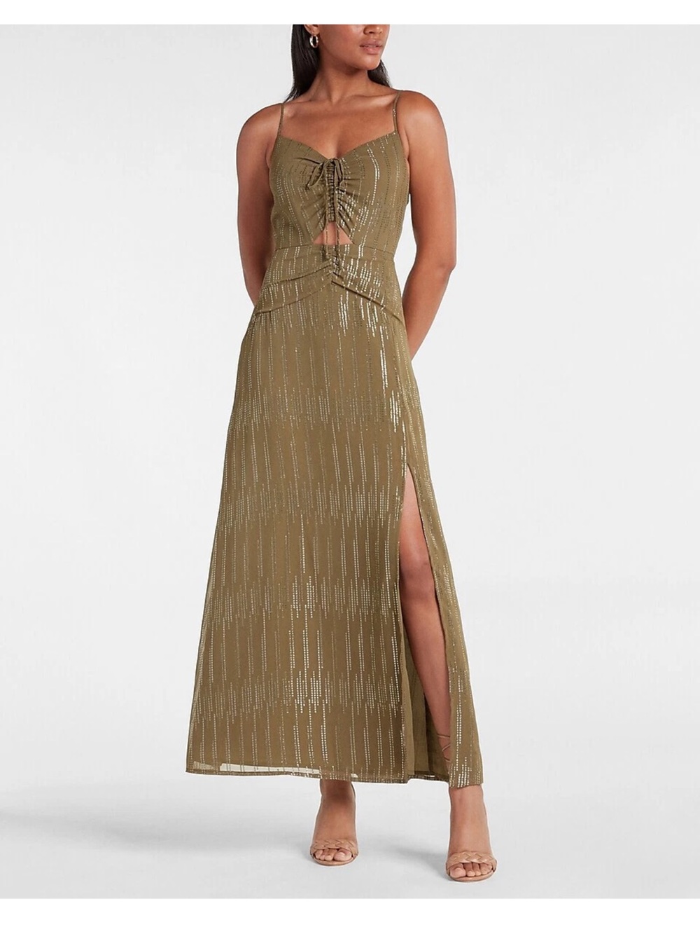 Express Olive Metallic Ruched Maxi Dress